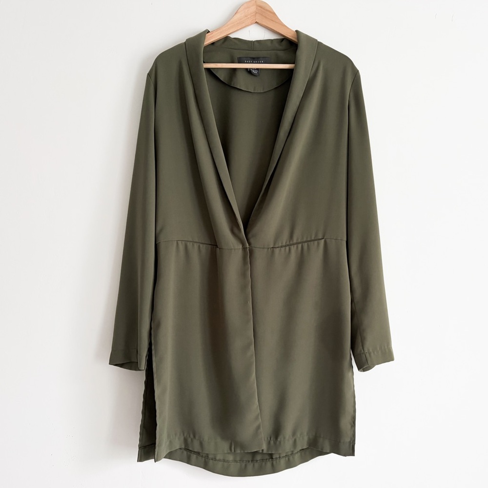 Suzy Shier Olive Green Open-Front Longline Blazer - Size Medium